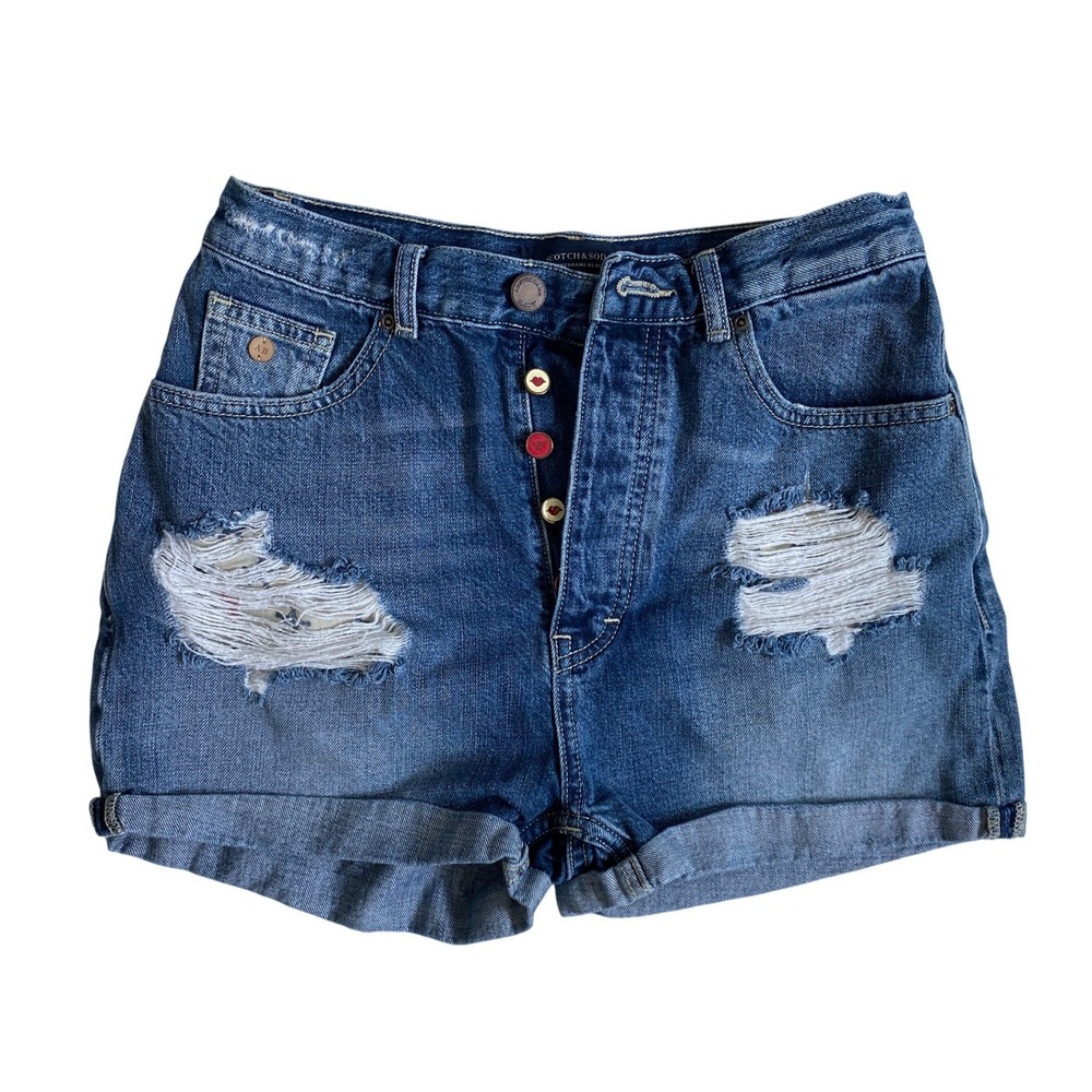 Scotch & Soda Amsterdams Blauw‎ Distressed Denim Shorts Blue Button Fly Size 27